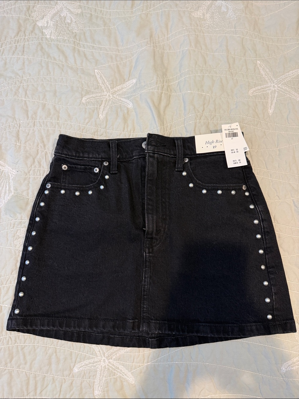 Abercrombie High Rise Black Denim Mini Skirt with Pearl Studs